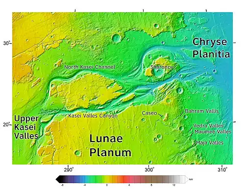 Area around Northern Kasei Valles, showing relationships among Kasei Valles, Bahram Vallis, Vedra Valles, Maumee Valles, and Maja Valles. Map location is in Lunae Palus quadrangle and includes parts of Lunae Planum and Chryse Planitia. These river valleys once carried water to Chryse Planitia, a low area.