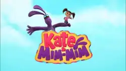 The sky background is on the bottom pink-and-purple logo between two words that reads "Kate & Mim-Mim", it shows left-handed Mim-Mim waves his arms between the right hand at the top of Kate.