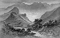 Etching of mountains and a river