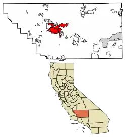 Location of Bakersfield in Kern County, California