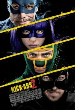 Four faces, against a black background, yellow diagonal lines dividing them. An older man with rough stubble on his chin, in a blue mask; a girl with purple hair wearing a purple mask; a man in a green and yellow mask; a man in a black mask.
