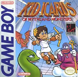 A drawn image showing the game's title logo and the protagonist Pit, a winged angel with a bow and arrow. He is surrounded by enemies against a backdrop of Greek architecture in a sky world.