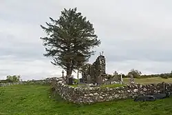 A color photograph of a semi-ruined structure located in a green landscape