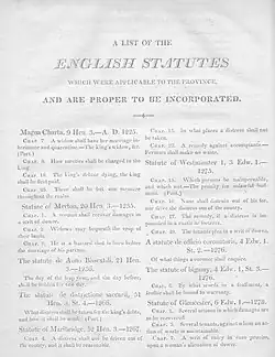 A page from a book, with the title "A list of the English statutes" and two columns of text below, one for English and the other for Latin. The Statute of Merton is the first statute listed.