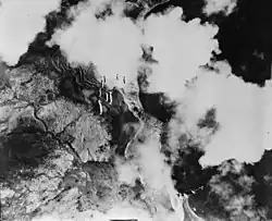 Aerial photo of a U.S. Army Air Forces bombardment on Kiska Island in 1942