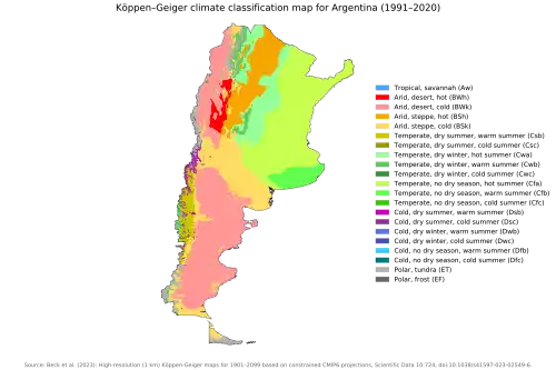 Map showing the different climate zones found within Argentina based on the Köppen climate classification