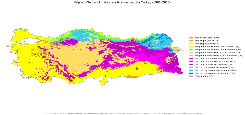 map of Turkey, roughly a horizontal rectangle, showing a complex pattern of climate types, including a fair amount of cold especially in the north and east