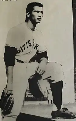 Sandy Koufax, aged 18, at Forbes Field, wearing a Pittsburgh Pirates tryout jersey and holding a cap and his glove