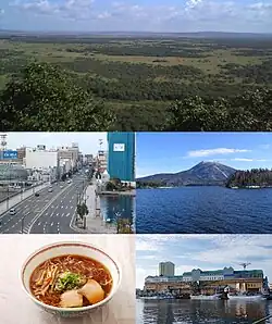 Top:Kushiro Wetland Park 2nd left:Nusamai Bridge, 2nd right:Lake Akan and Mount Oakan 3rd left:Kushiro Ramen, 3rd right:Port of Kushiro