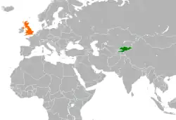 Map indicating locations of Kyrgyzstan and United Kingdom
