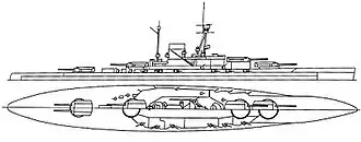 Illustration of a large ship with two tall masts, a large funnel amidships, and four large gun turrets on the center line.