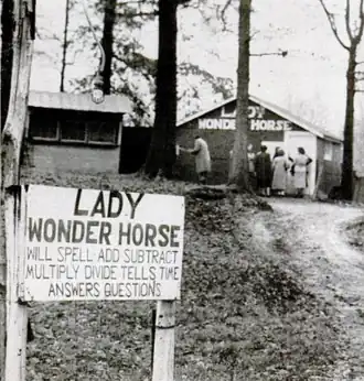 Sign photographed in 1952, indicating Lady Wonder's ability to read minds