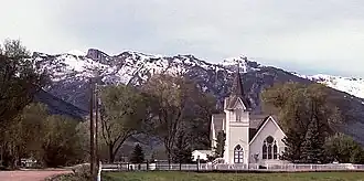 Lamoille Presbyterian Church with the Ruby Mountains in the background