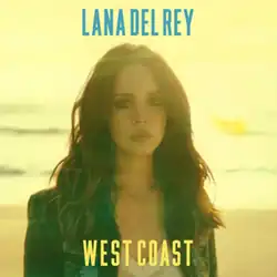 A yellow-filtered portrait of a brunette woman wearing a denim jacket, standing on a beach with waves as her backdrop. In bold blue font above her is the name Lana Del Rey. Below her in bold yellow font is the title "West Coast".