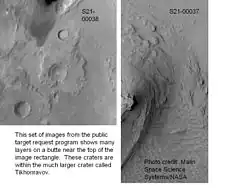 Pedestal craters and layers in Tikonravev Crater in Arabia, as seen by Mars Global Surveyor (MGS) with the Mars Orbiter Camera, under the MOC Public Targeting Program. Layers may form from volcanoes, the wind, or by deposition under water. Some researchers believe this crater once held a massive lake.