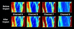 Preliminary, uncalibrated LRO/Diviner thermal maps of the Centaur/LCROSS impact site acquired two hours before the impact, and 90 seconds after the impact. The thermal signature of the impact was clearly detected in all four Diviner thermal mapping channels.