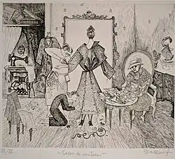 Monochrome etching of dressmakers shop