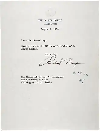 The resignation letter of U.S. president Richard Nixon, 1974.