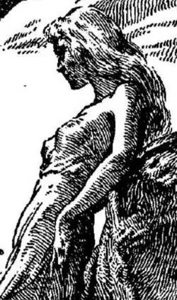Black-and-white image of Liberty 5-3000 in profile leaning against a rock. Her hair is evidently blonde and visibly long, going down to the small of her back. Her tattered, one-piece clothing leaves her arms exposed. Parts of a leg and arm of Equality 7-2521 are visible in the left side of the image.