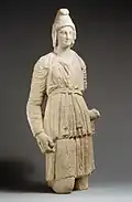 Bendis, Thracian goddess of the moon and the hunt, wearing a Phrygian cap. Limestone Statue, c. 350 BC.