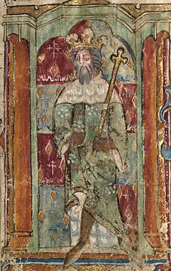Folio 3r. A king, possibly Magnus Maximus, holding a sceptre.[5]