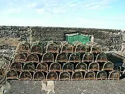 Lobster pots stand on top of each other, in four rows of 6, 7, 8 and 9, respectively. Each has a wooden base and a metal hoop at either end and a crossbar, which collectively hold up a cover of netting.