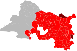 Territory of the metropolis of Aix-Marseille-Provence (in red the communes of Bouches-du-Rhône, in dark red those of Var and Vaucluse).