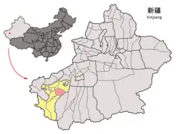 Location of Makit County (red) within Kashgar Prefecture (yellow) and Xinjiang