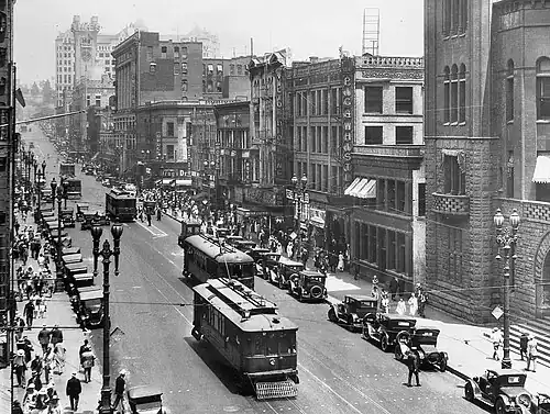 Looking north along Broadway, east side, past 2nd Street. From top left: Los Angeles Times Bldg., the 1911 Hall of Records behind it, the Chamber of Commerce Bldg., Hellman Bldg., Nolan, Smith and Bridge Bldg., Gordon Bldg., Crocker Bldg., Copp Bldg., 1888 City Hall