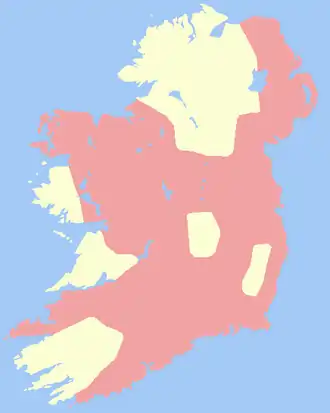 The Lordship of Ireland (pink) in 1300. Gaelic Kingdoms (beige) in 1300.