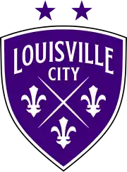 A three-sided purple shield logo with a white outline. Each of the three edges is curved, and the top edge is shorter than the left and right edges. It reads "LOUISVILLE" in large subtly-serifed white lettering that forms an arch along the top of the shield. Just below it reads "CITY" in slightly-smaller non-arched lettering. The center and bottom of the shield is occupied by two fine lines forming an X, with three fleur-de-lis symbols to the left, right, and bottom of the X. The fleur-de-lis symbols are bold and somewhat angular; in particular, the central pedal comes to a point at the top. Above the shield are two purple stars symbolizing the team's two championships.