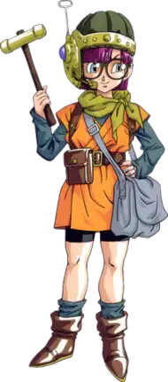 Lucca Ashtear's design has fair skin and purple hair. She wears glasses, a technologically advanced helmet, a tunic, an undershirt, shorts, socks, boots, a scarf, and multiple bags. She wields a hammer as a weapon