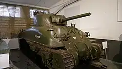An M4 Sherman "Grizzly" variant tank at the M4 Sherman Grizzly at the Museum of Military History in Vienna, Austria.
