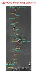 Opportunity traverse map, from sol 1 (2004) through sol 2055 (2009)