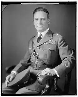 Black and white 1935 photo of Brigadier General Perry Miles in dress uniform, seated, facing to his right, looking straight ahead