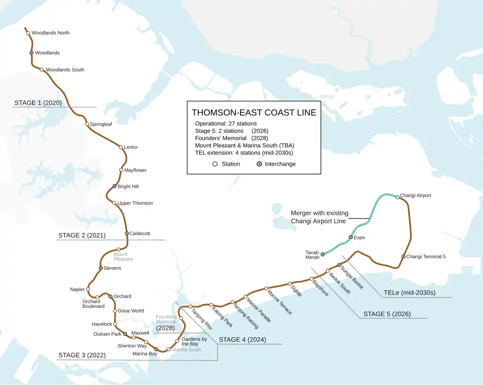 Geographically accurate map of the Thomson–East Coast MRT line, coloured in brown.