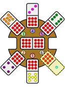 A 9-1 domino is placed leading southeast from the station hub, which has a double-9 domino as the engine. There is already a 9-7 domino leading south, a 9-4 domino leading southwest, a 9-8 domino leading northwest, a 9-3 domino leading north, and a 9-6 domino leading northeast from the station hub.