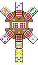 A 7-5 domino is placed leading south, matching the free end of the 9-7 domino in the station hub.