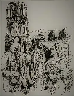 grayscale drawing of a woman and two men in 13th-century fashion in Palermo