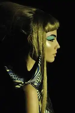 Side profile of woman wearing heavy blue eyeshadow and black winged eyeliner
