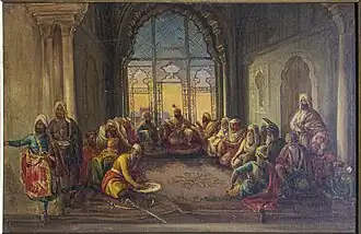 Maharaja Sher Singh seated, attended by his Council in the Lahore Fort, by August Schoefft, ca.1841