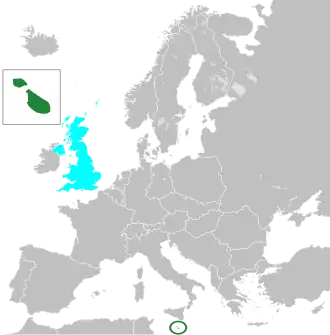 Europe during the Cold War, Malta in dark green, United Kingdom in cyan