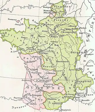 A map of Medieval France showing the territory ceded to England at the Treaty of Brétigny