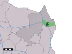 The town centre (dark green) and the statistical district (light green) of Denekamp in the municipality of Dinkelland.