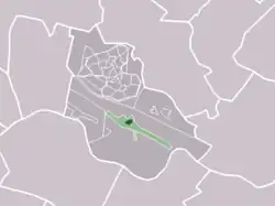 The village center (dark green) and the statistical district (light green) of Schalkwijk in the municipality of Houten.