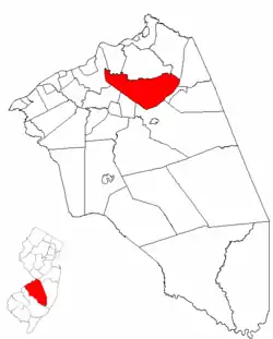 Location of Springfield Township in Burlington County highlighted in red (right). Inset map: Location of Burlington County in New Jersey highlighted in red (left).