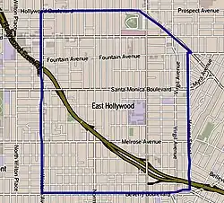 Boundaries of East Hollywood as drawn by the Los Angeles Times