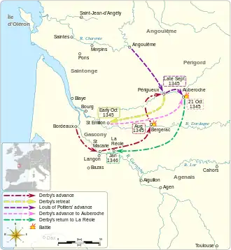 A map of south-west France in 1345 showing the main movements of troops between August and November
