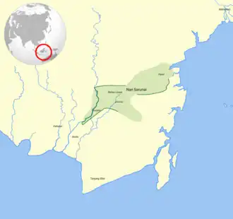 Modern approximation of the location of Nan Sarunai in today's South Kalimantan, centered in present-day North Hulu Sungai Regency