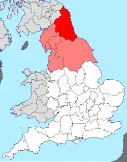 Dark red marks Northumberland and Durham, which formed the late medieval rump earldom of Northumbria. Light red marks English counties that were part of the Kingdom of Northumbria at its height of power in the 8th century and are still occasionally referred to as Northumbria.
